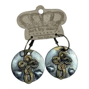 NEW ART BY AMY LABBE women's coins with cross earrings in silver & bronze